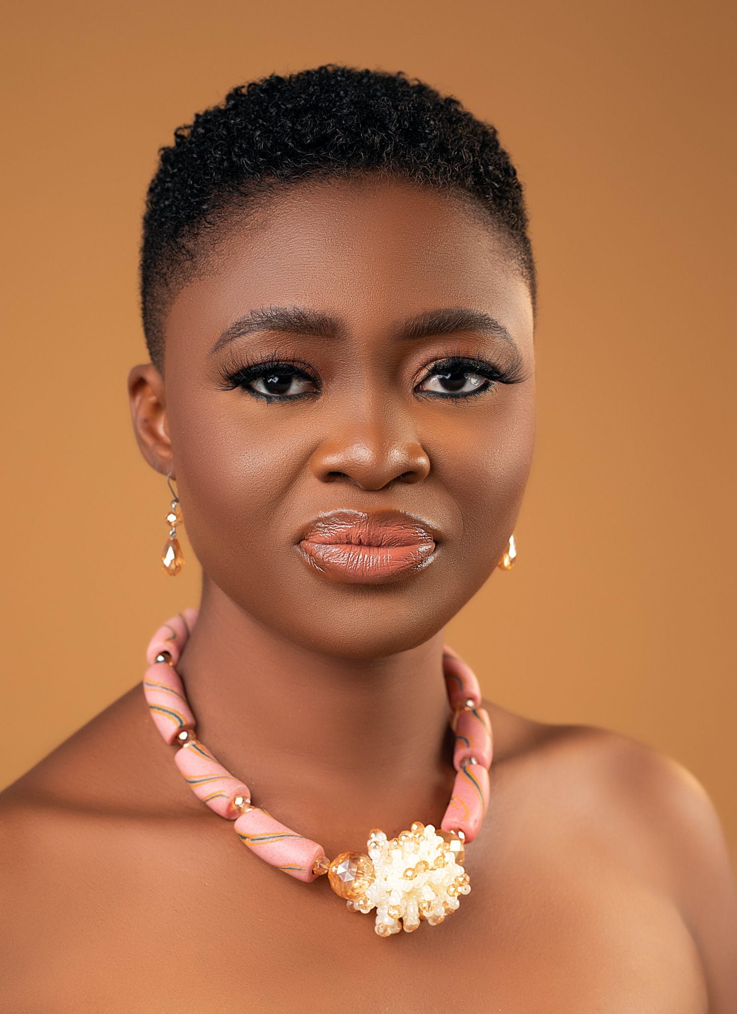 Pink fur necklace made with recycled glass beads