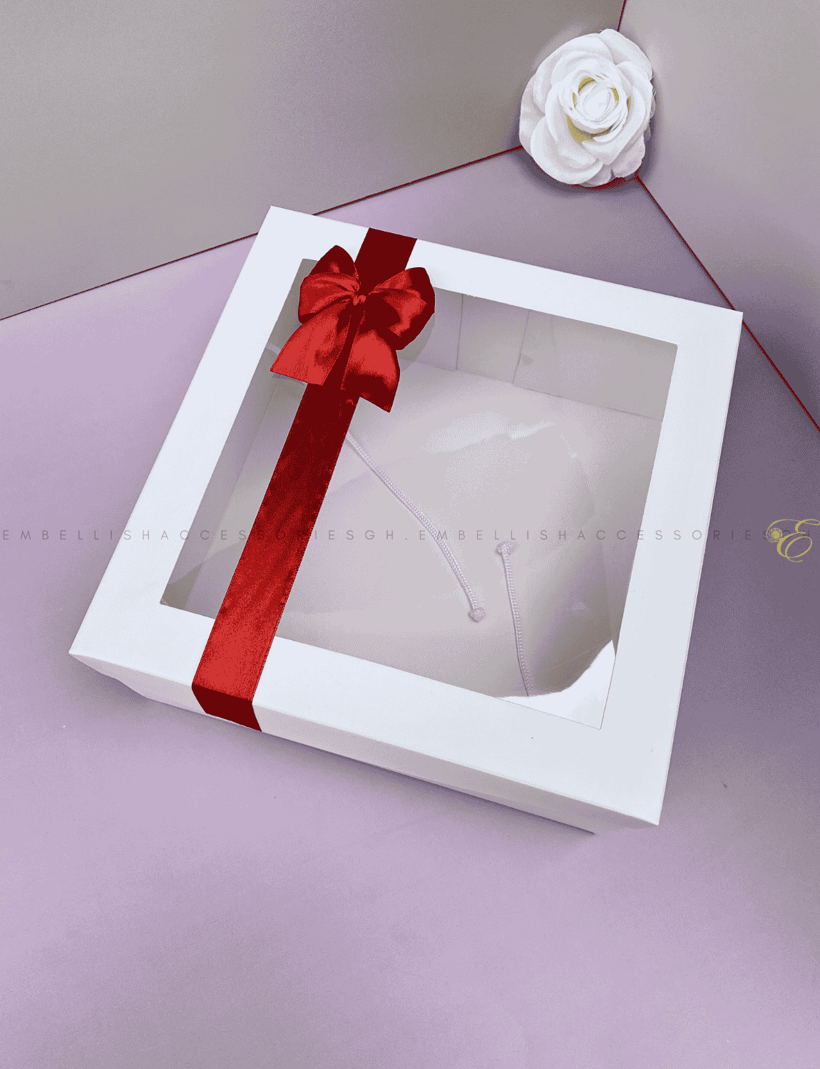 Square 9.5inch box with red ribbon